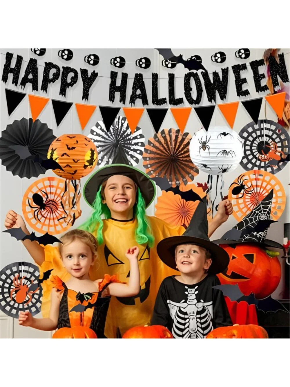 Happy Halloween Banner, Paper Fans, Skull Garland, Lanterns & Bat Stickers